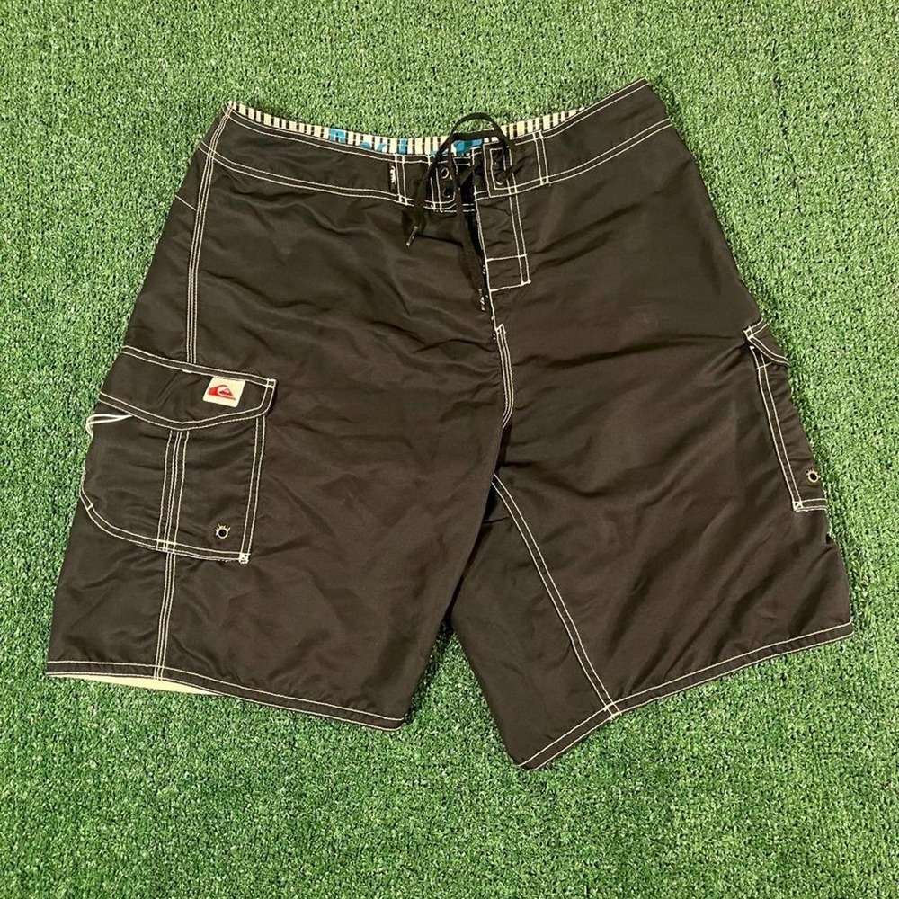 Quiksilver Waterman Men Black Cargo Board Shorts Y2K Surf Swim Trunks Size 30